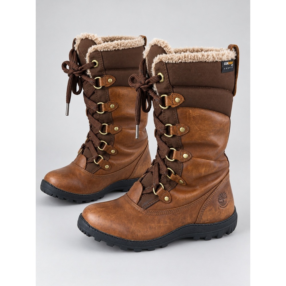 Timberland Mount Hope Winter Boots Womens 8 Brown Leather Waterproof Faux Fur